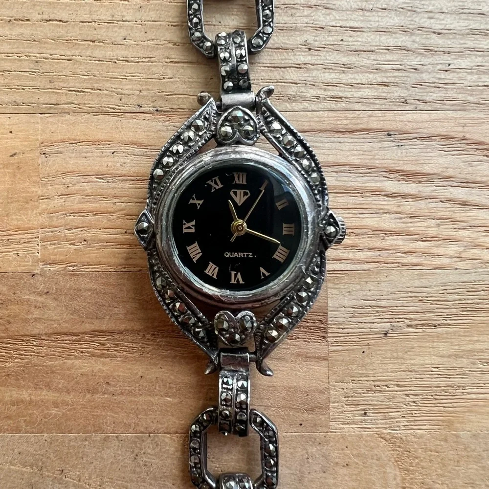 Vintage Sterling silver marcasite Art Deco ladies cocktail watch NEW BATTERY
